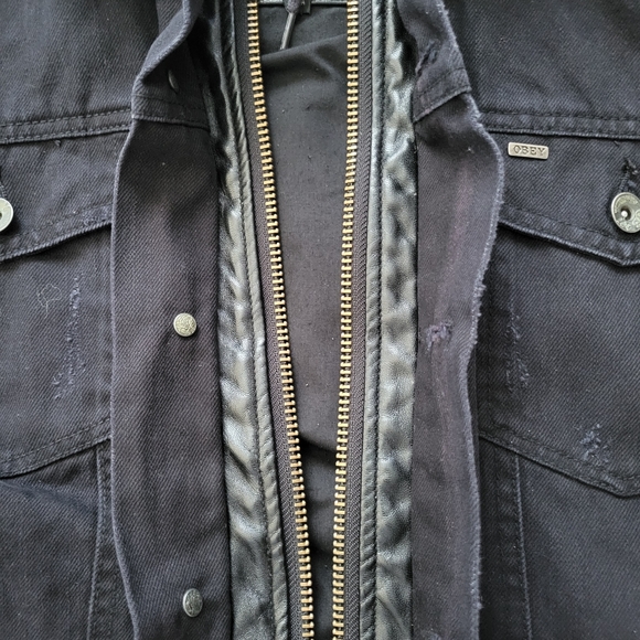 Rare obey denim jacket w/faux leather hoodie - Picture 6 of 11